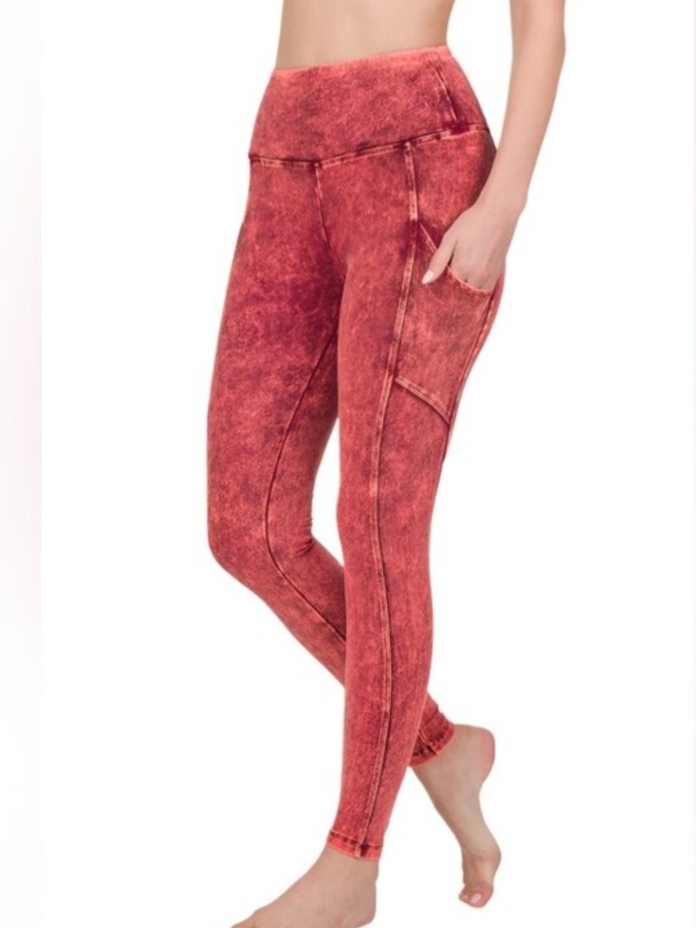 Zenana Outfitters High-Waist Red Mineral Wash Leggings with Side Pockets